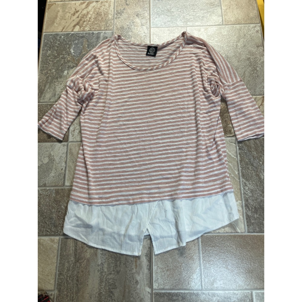 Bobeau Striped 3/4 Sleeve Top with White Layered Hem Made in USA‎